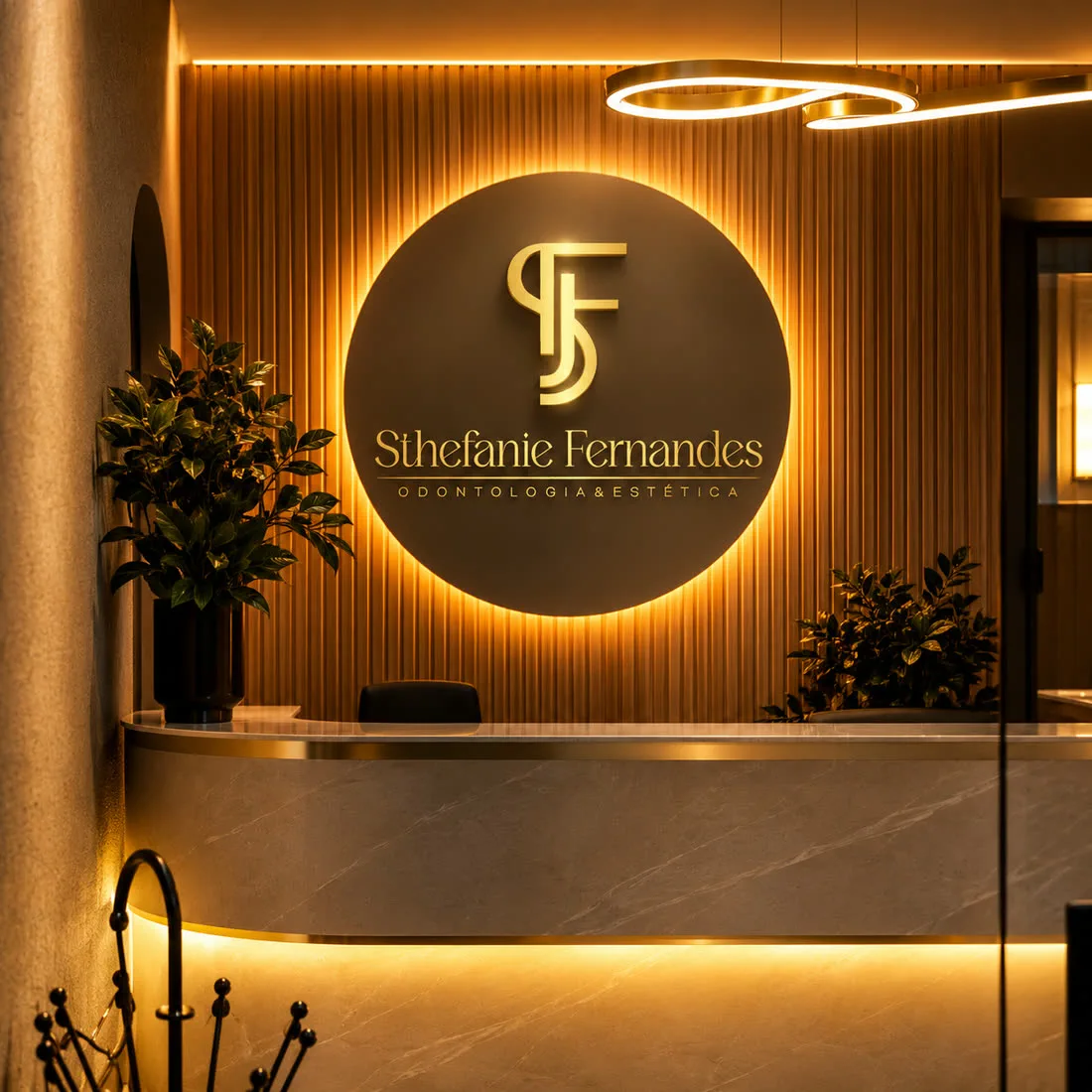Recepção da Clínica Sthefanie Fernandes, com o logotipo iluminado sobre a parede ripada