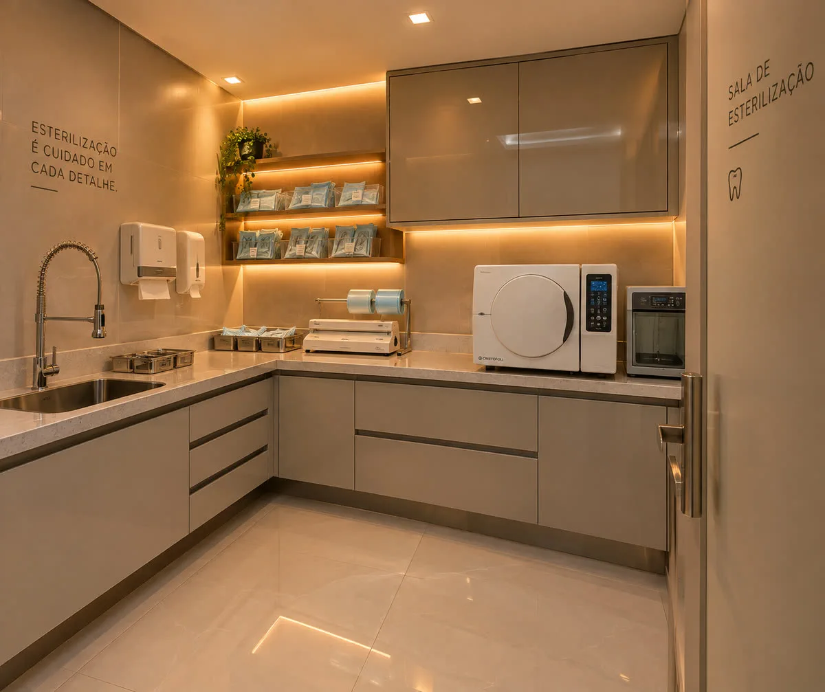 Sala de esterilização com autoclave e bancada de instrumentais